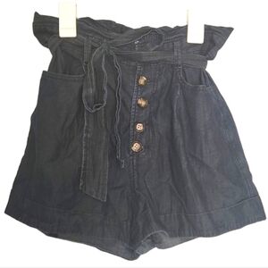 Express high rise buttonfly paper bag waist chambray blue denim S/P tie waist